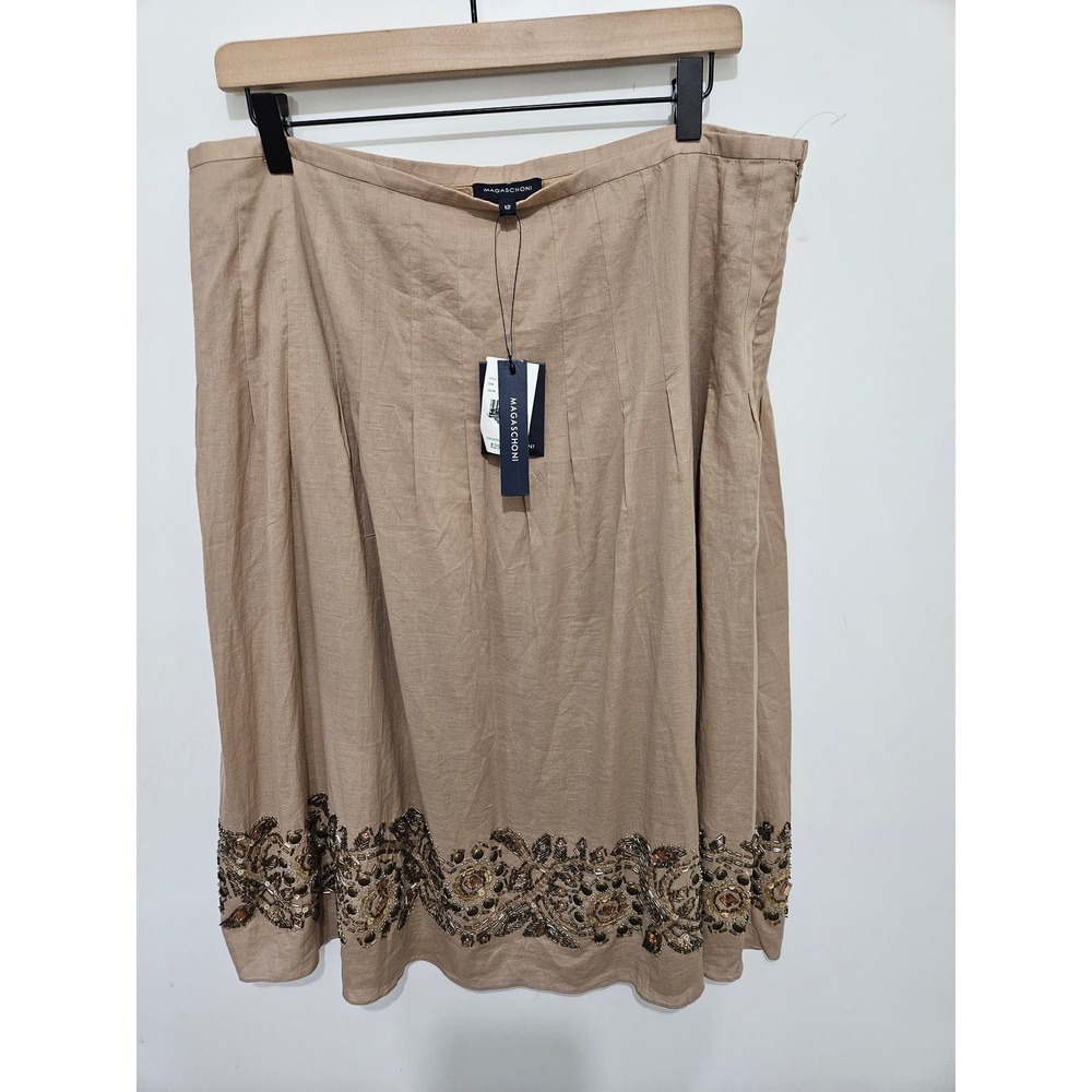 Magaschoni Ginger Tan Beaded Sequin Hem Pleated Skirt Size 12 NWT S123061